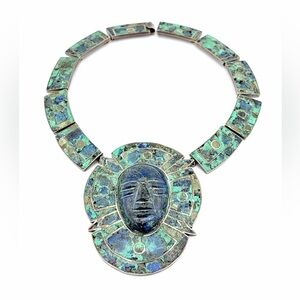 Vintage Mexican Sterling Silver Azurite Turquoise Carved Stone Face Necklace